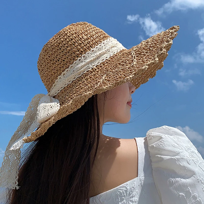 Женщин кружева Солнце шлемы с широкими полями, Соломенная пляжная кепка летняя шляпа козырек складная шляпа Солнца соломенная шляпа Модные женские УФ защита крышка