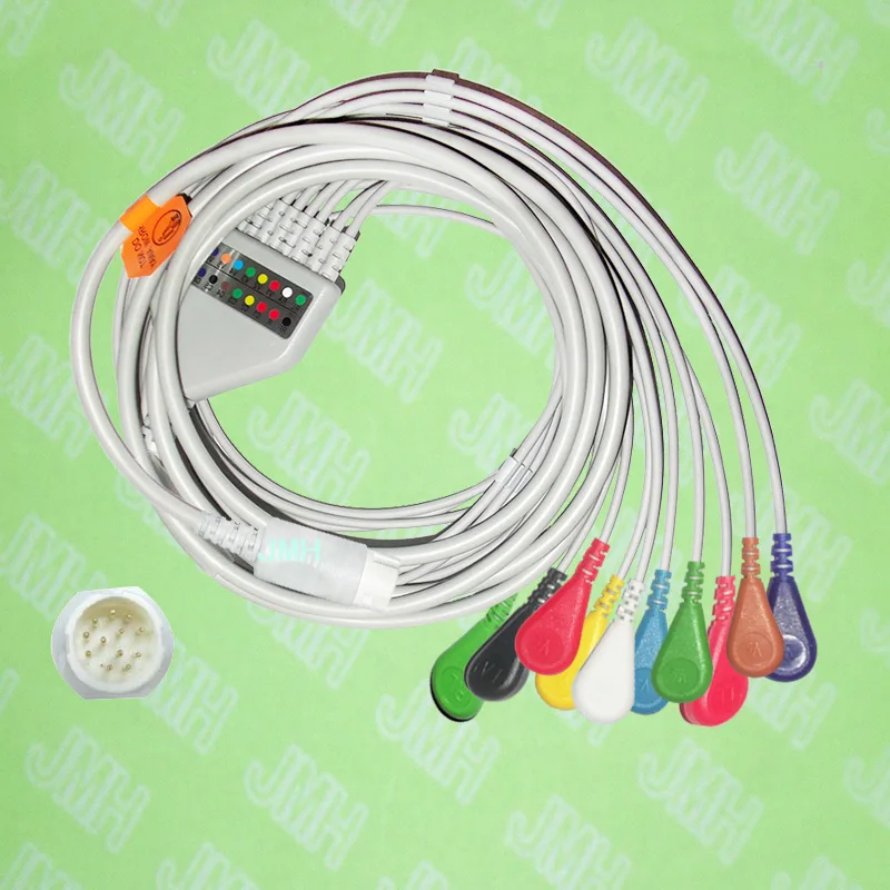 Совместим с 12-контактным кабелем Mindray EKG 10, использующим цельный кабель ЭКГ и защелкивающиеся провода, IEC или AHA.