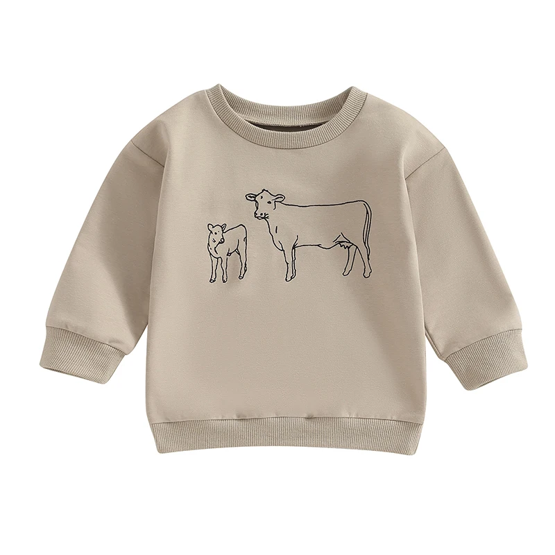 Осенняя толстовка в западном стиле для маленьких мальчиков, Пуловер с длинными рукавами и круглым вырезом и принтом крупного рогатого скота, свободные топы