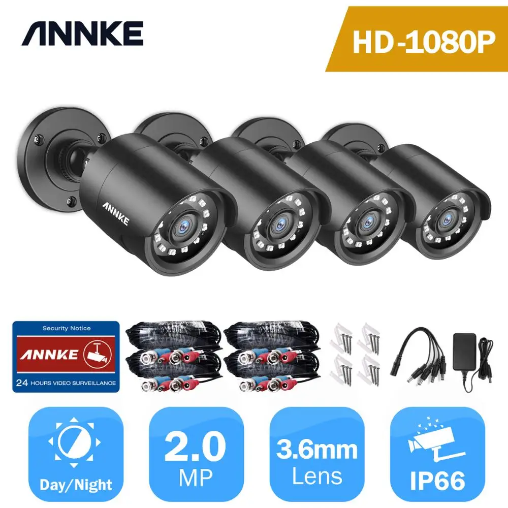ANNKE 4ШТ Камеры видеонаблюдения 1080P, 2MP IP66, Водонепроницаемый комплект камер видеонаблюдения для помещений и улицы, 30-метровое ночное видение с умной ИК-камерой