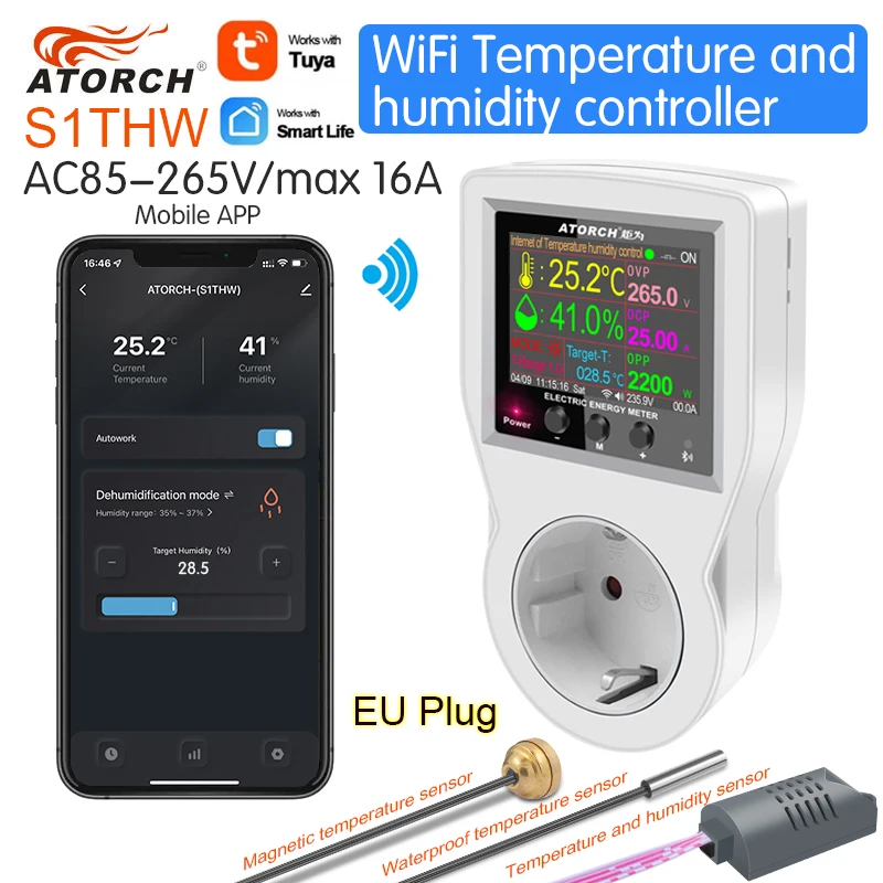 ATORCH S1 WiFi EU Розетка Регулятор температуры и влажности для домашнего увлажнения Осушения Охлаждения нагрева для приложения