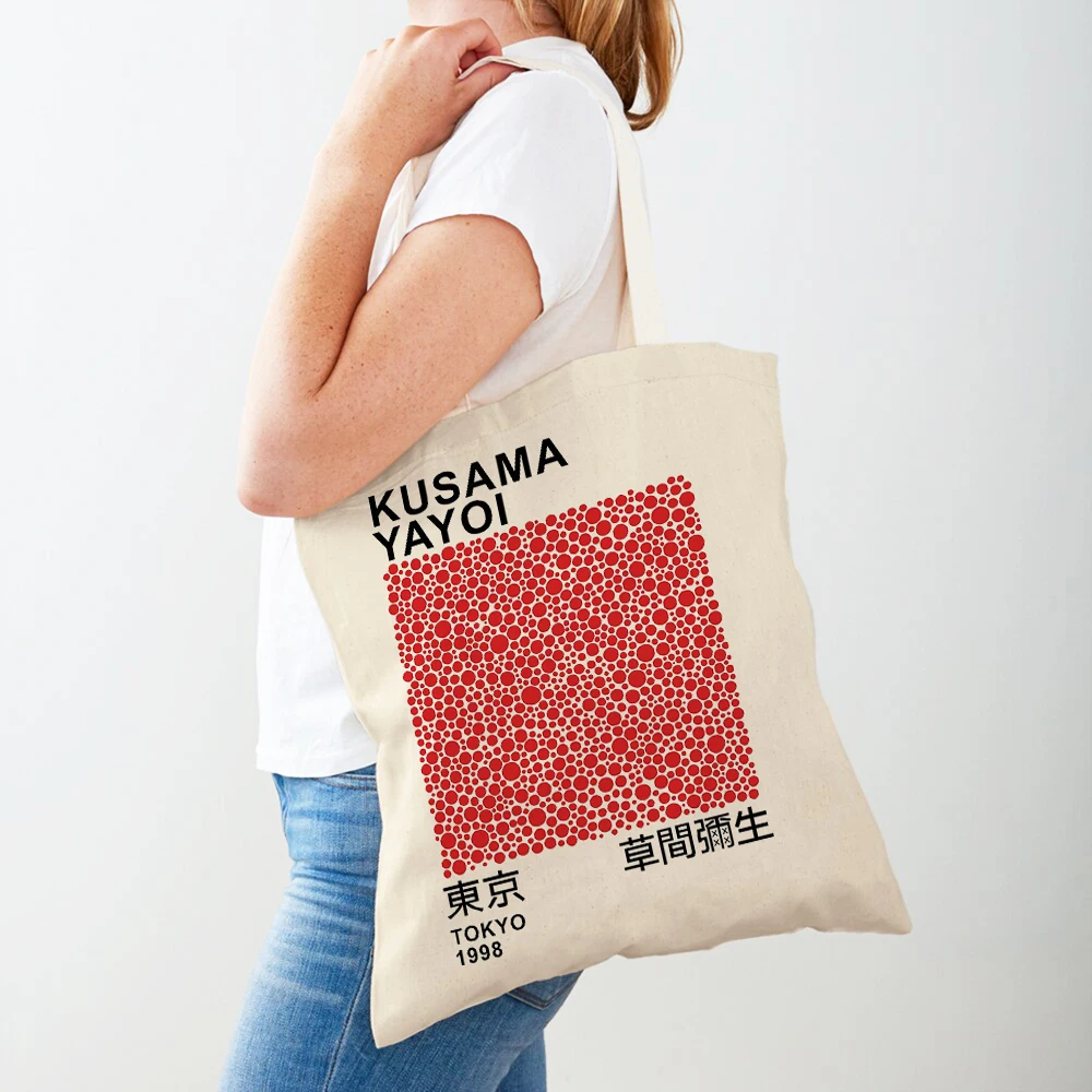 Женские сумки для покупок в стиле Яей Кусама, двусторонняя японская абстрактная повседневная сумка для покупок, женская холщовая сумка-тоут, дорожные сумки