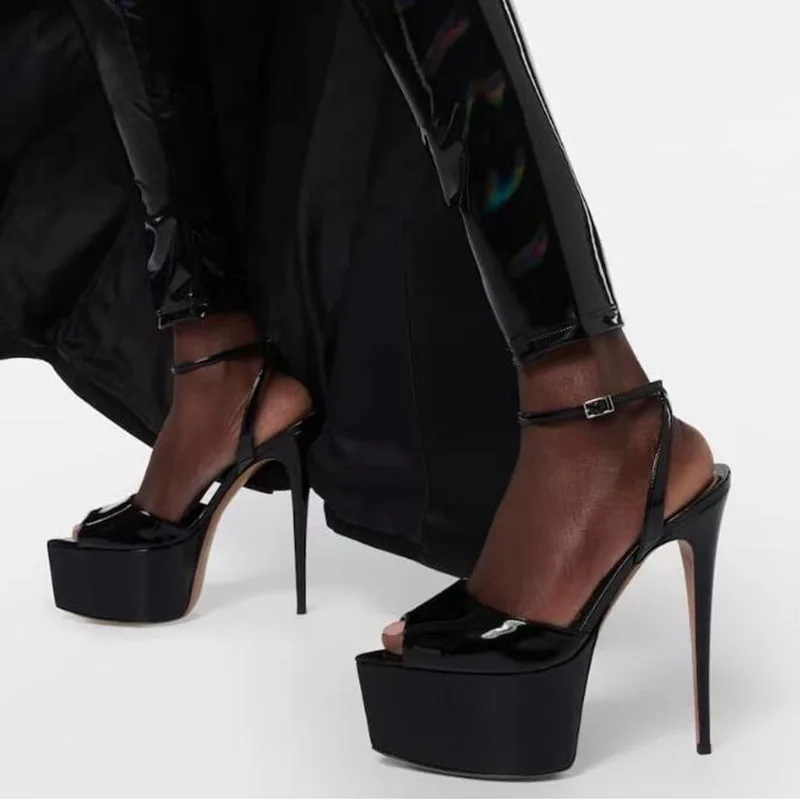 Стильные черные кожаные туфли-лодочки с открытым носком и ремешком с пряжкой, летние босоножки на высоком каблуке-шпильке, Размер обуви 43