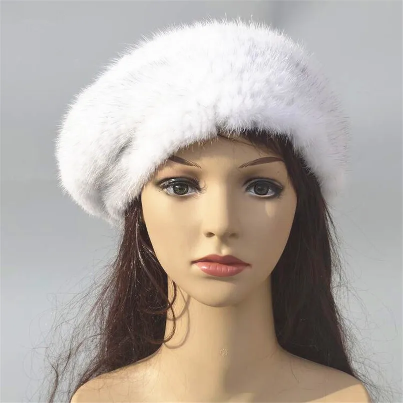 Женская зимняя теплая шапка-берет из натурального меха норки, белая, красно-коричневая вязаная элегантная женская зимняя шапка, теплая вязаная меховая шапкаш52