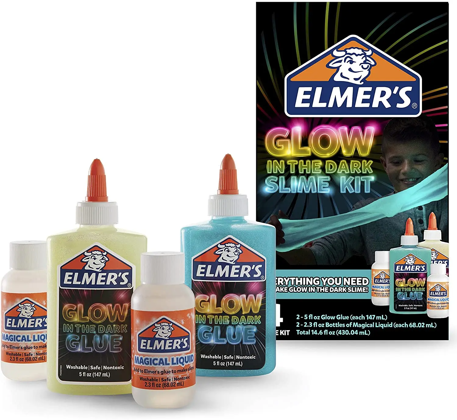 Набор для слизи Elmer's Glow-in-the-Dark Ярких неоновых цветов для электризации декоративно-прикладного искусства, моющийся, безопасный, специально разработанный для использования детьми.