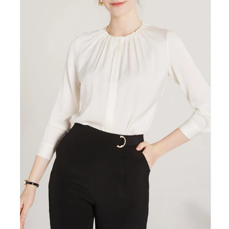 Атласная шелковая Белая рубашка с длинным рукавом, Женский топ во французском стиле, Весенняя блузка из шелка тутового цвета, 100% натуральный шелк, женская рубашка из натурального шелка