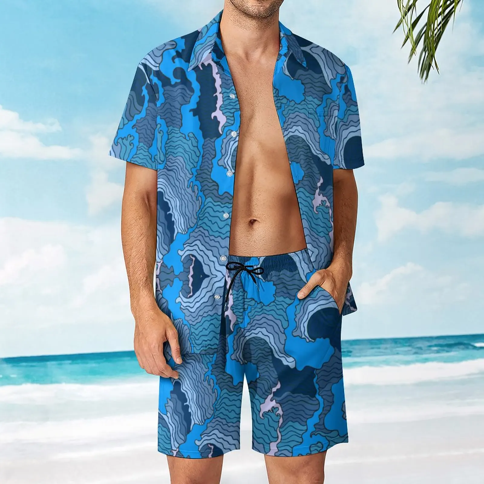 Костюм из 2 предметов с изображением волн и линий, винтажный мужской пляжный костюм Премиум-класса для дома, размер Eur