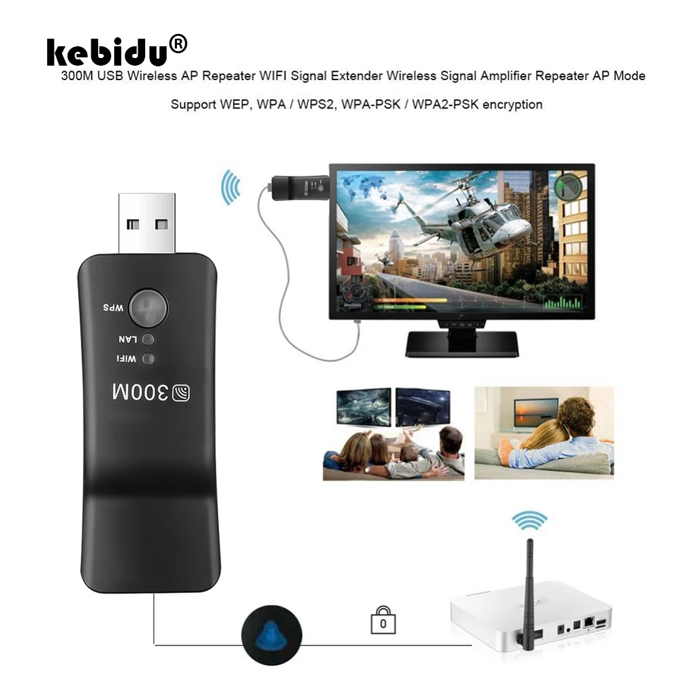 kebidu 2,4 ГГц 300 Мбит/с, удлинитель диапазона Wi-Fi от USB до RJ45, беспроводная телевизионная сеть, адаптер Wi-Fi-ретранслятора Samsung LG Sony HDTV