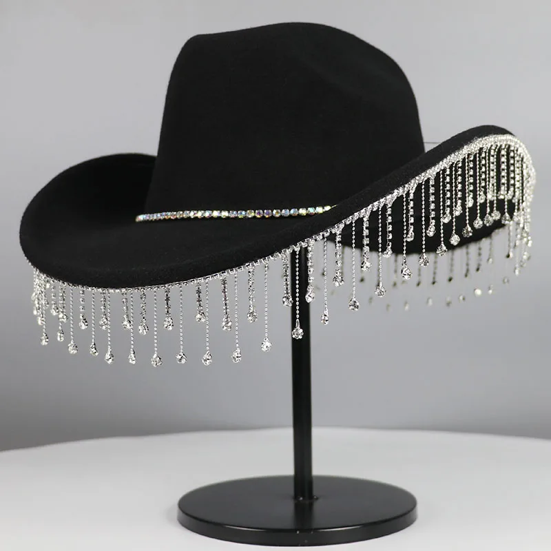 Женский британский цилиндр шляпы для мужчин ковбойская женская шляпа в стиле джаз Бесплатная доставка роскошная фетровая шляпа новая мода элегантная кисточка из горного хрусталя