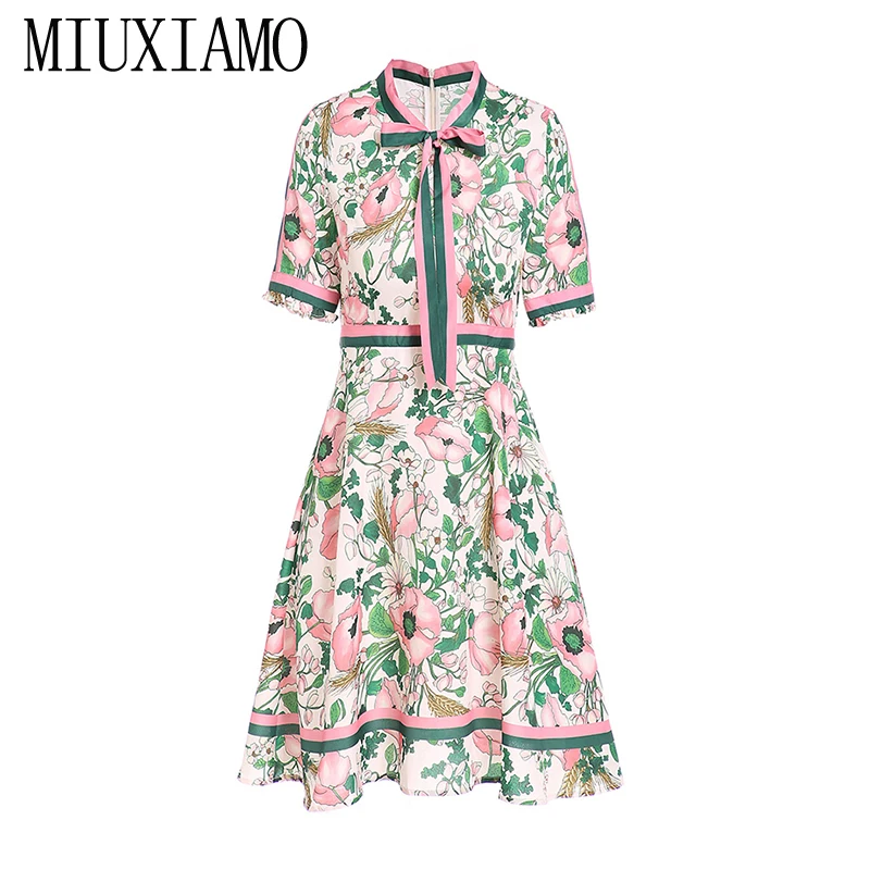 MIUXIMAO 2023 Весенне-Осеннее Модное Подиумное Полуплатье с поясом и Воротником, Разноцветный Цветочный Принт, Винтажное Элегантное Платье vestidos