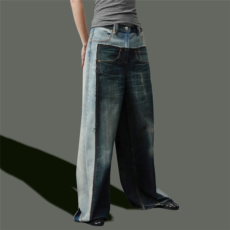 2023SS новые женские модные уличные цветные джинсы в стиле пэчворк из чистого хлопка высокого качества y2k, винтажные уличные широкие брюки