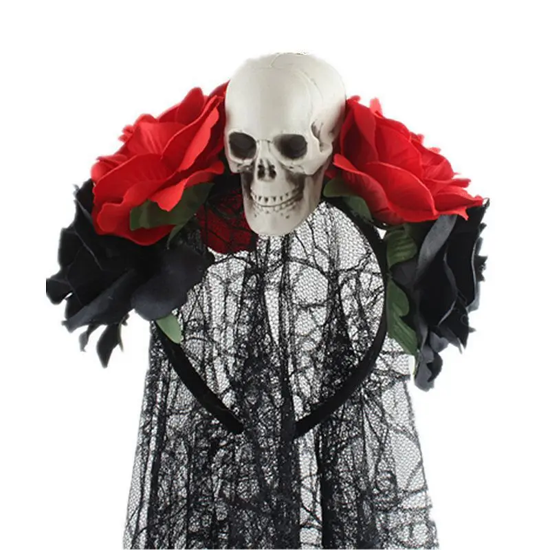 Женская повязка на голову с черепом в виде Розы на Хэллоуин С черной кружевной вуалью, День мертвых, Корона, Обруч для волос для Косплея