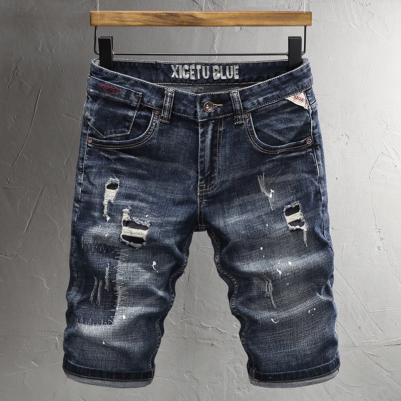 Новые модные дизайнерские мужские джинсы, Летние ретро Черные Синие Рваные джинсы в стиле пэчворк, Эластичные облегающие Винтажные повседневные джинсовые шорты для мужчин