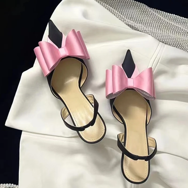 Розовые женские босоножки с галстуком-бабочкой и ремешком сзади, Лето 2023, Разноцветные стразы, Модная женская обувь на высоком каблуке с острым носком
