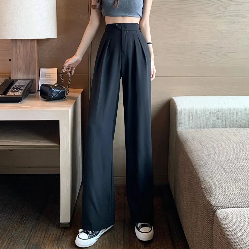 2023 Новые прямые широкие женские брюки в корейском стиле Харадзюку, Брюки с высокой талией, повседневные однотонные свободные костюмные брюки