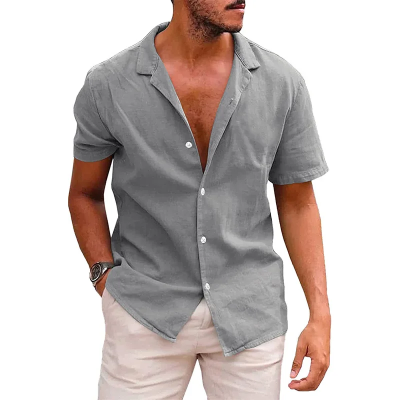 Льняные рубашки 2023 новый большой размер мужская с коротким рукавом кнопки сплошной цвет лето комфорт хлопка и льна, повседневные свободные рубашки
