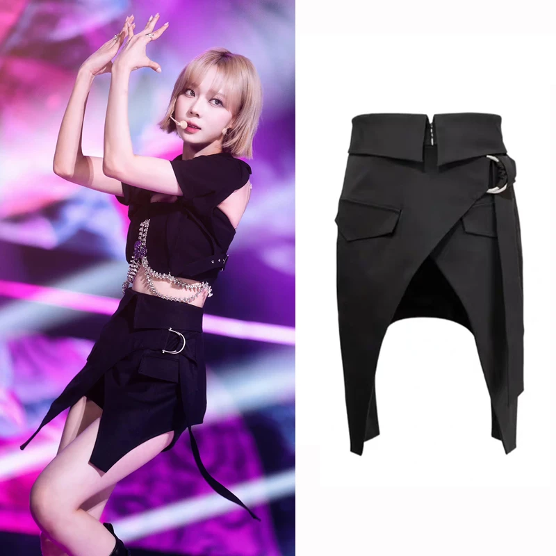 Летняя джазовая Танцовщица Kpop Girl Group, Сексуальная черная мини-юбка с разрезом, Женская Концертная фестивальная одежда, Сценическая юбка с высокой талией неправильной формы
