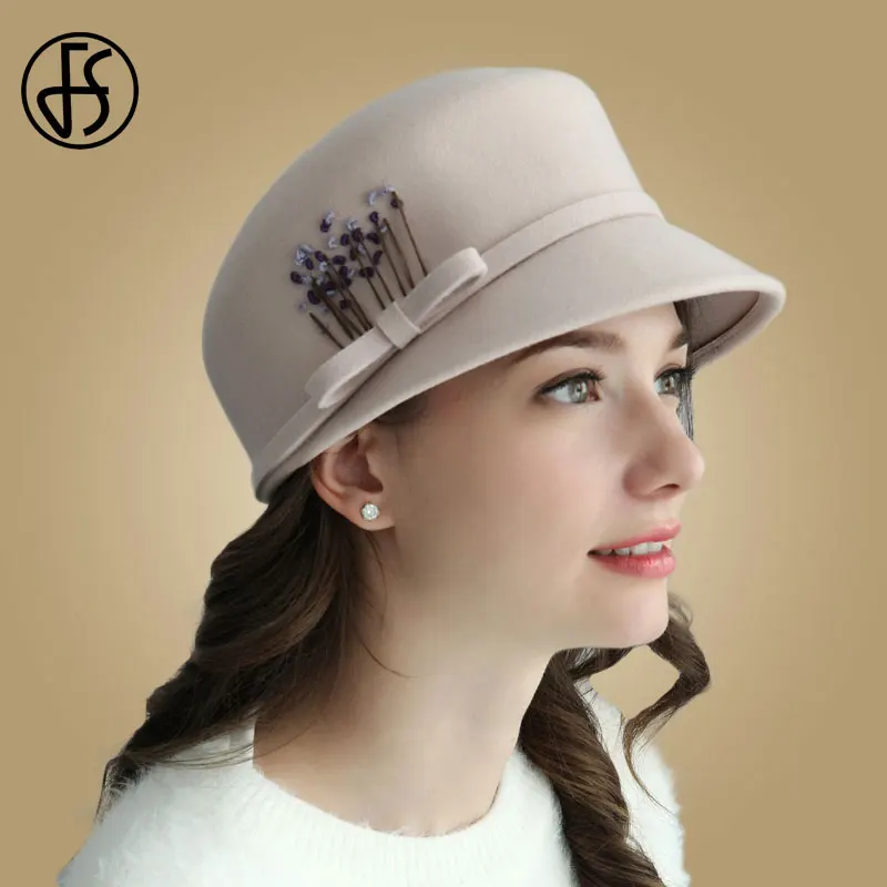FS Элегантная Фетровая шляпа для женщин, шерстяные черно-розовые зимние фетровые шляпы с широкими полями, Модная женская шляпа-клоше, Церковный головной Убор оптом