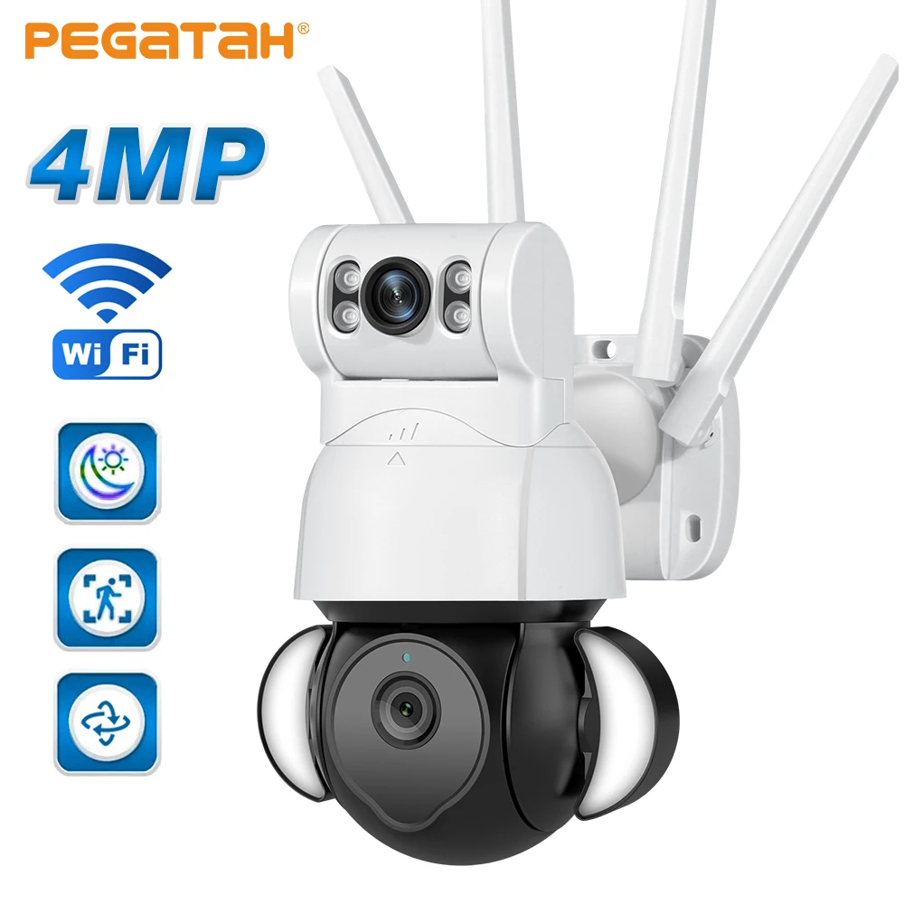 PEGATAH 4-мегапиксельная PTZ IP-камера с двумя объективами, умный прожектор, распознавание цвета человеком, ночное видение, наружное видеонаблюдение, Wifi камера видеонаблюдения