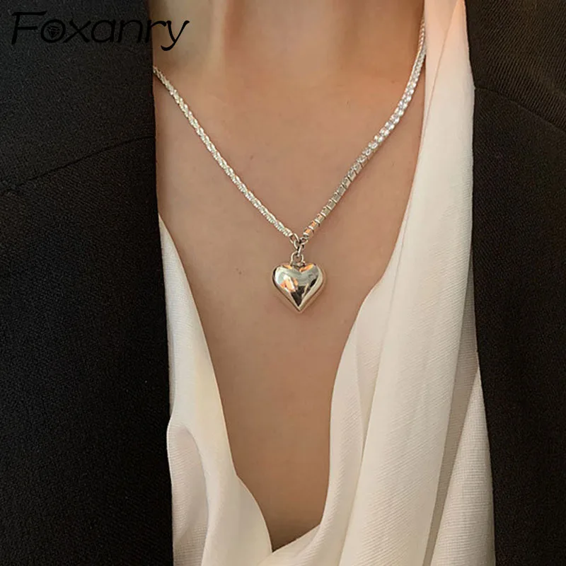 FOXANRY Серебристого цвета, Асимметричное ожерелье-цепочка для женщин, Новая Модная Элегантная подвеска в виде сердца 
