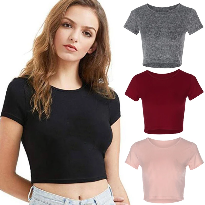 Новая Женская футболка с короткими рукавами, Модная футболка с круглым вырезом, Женские укороченные топы