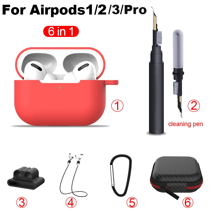 Для AirPods 1 2 3 Чехол 6 В 1 Ручка Для чистки Bluetooth Наушников Силиконовый Чехол Для наушников Air Pods 2 3 Pro Чехол Коробка Аксессуаров