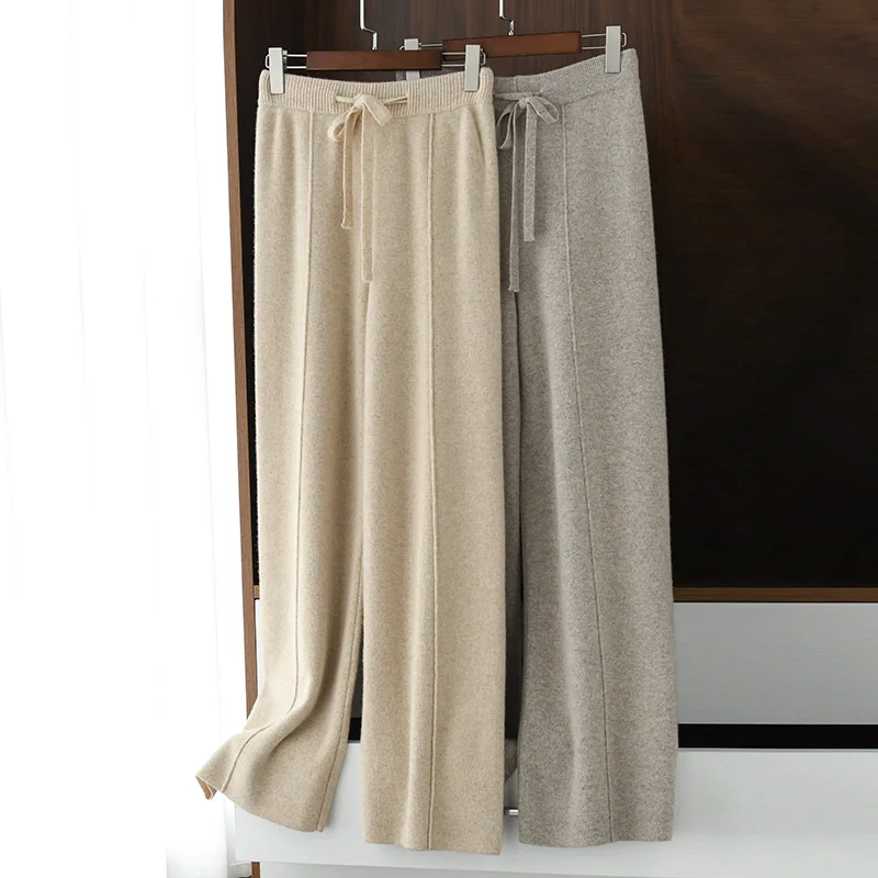 Женские брюки-карандаш из 100% мериносовой шерсти, плотные теплые кашемировые трикотажные широкие брюки высокого класса, осенне-зимние однотонные