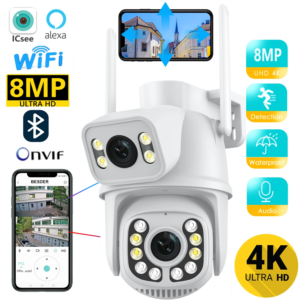 8-Мегапиксельная 4k PTZ Wifi Камера с Двойным Объективом и Двойным Экраном Ai Human Detect Автоматическое Отслеживание Беспроводная Камера Наружного наблюдения iCSee App