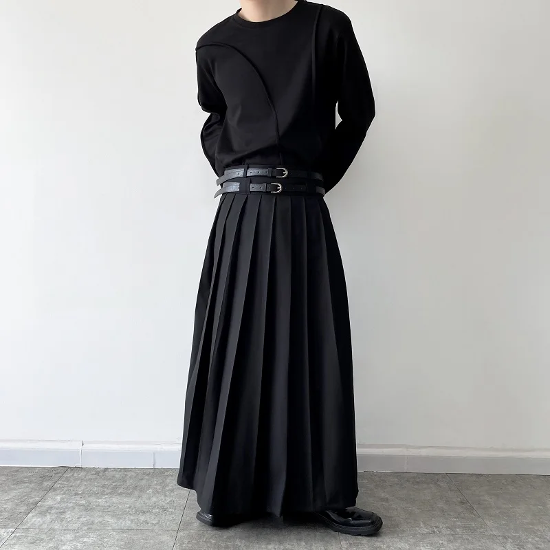 2023 Мужская юбка с поясом И двойная женская для плиссированной уличной одежды в японском стиле харадзюку, Темно-черные брюки, сетчатая одежда знаменитостей для сцены