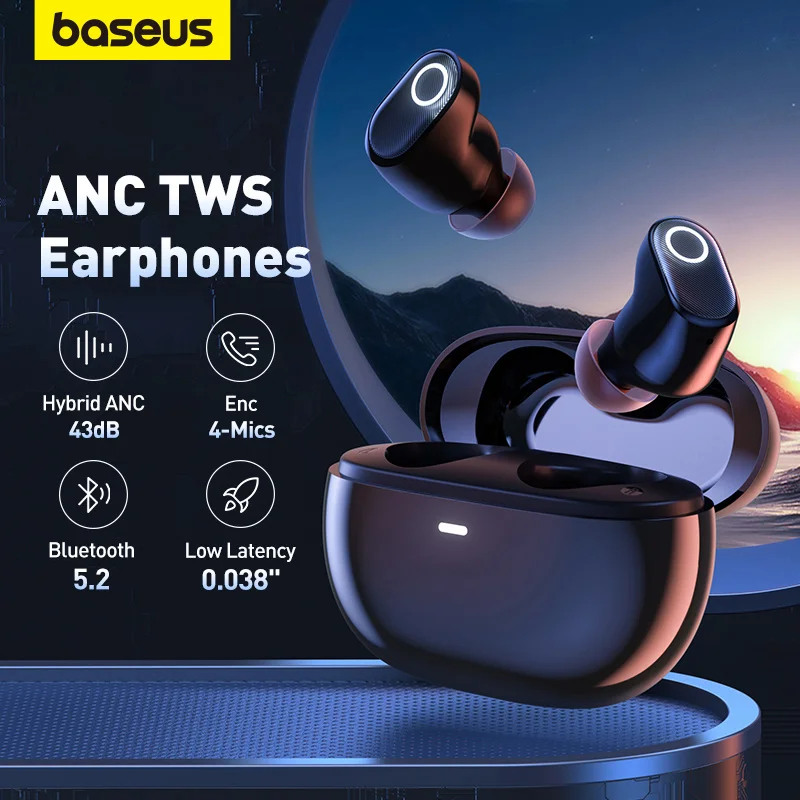 Беспроводные наушники Baseus Bowie WM05 ANC TWS, Bluetooth-Наушники с 4 Микрофонами, Гарнитуры с шумоподавлением ENC, Наушники Высокого качества Hi-Fi