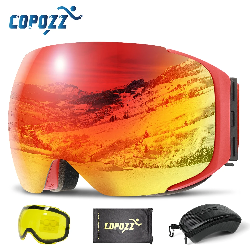 Магнитные Лыжные очки COPOZZ с быстросменяемыми линзами и чехлом В Комплекте, 100% Защита от UV400, Противотуманные Очки для сноуборда для Мужчин и Женщин