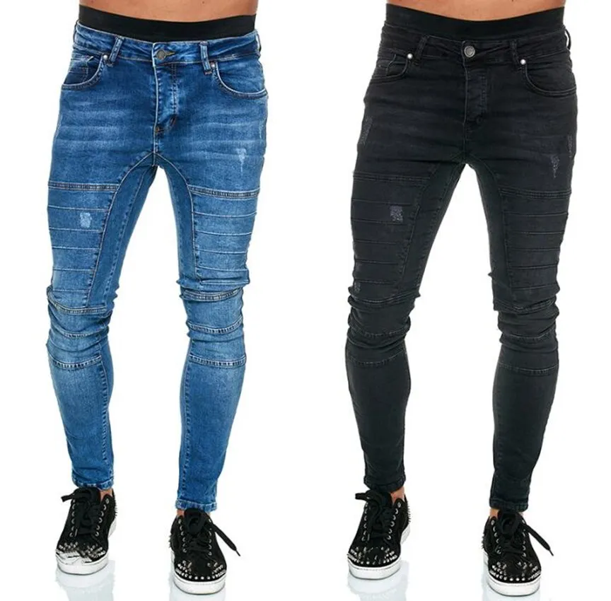 Европейско-американские Мужские Модные Обтягивающие Джинсы, однотонные черные Синие джинсы в стиле хип-хоп, хай-стрит, облегающие джинсовые Повседневные брюки-карандаш