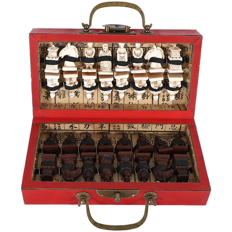 Китайская Деревянная Кожаная коробка с 32 Фигурками, Терракотовый Шахматный набор, Развлекательные Шашки, Шахматы, Традиционные игры
