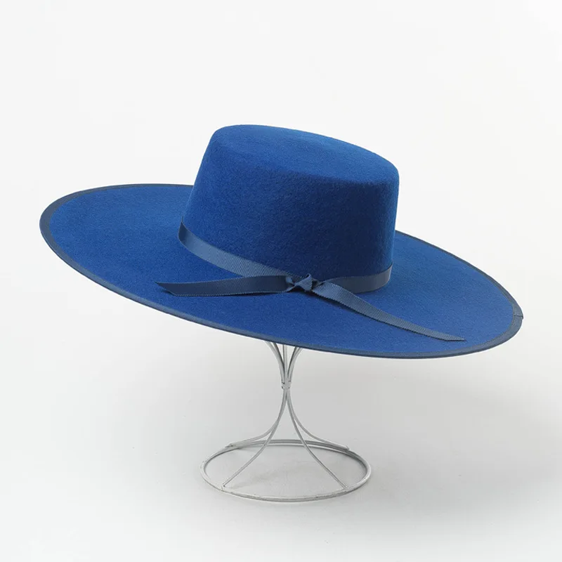 Элегантная женская шляпа из шерстяного фетра с широкими полями, бантом из ленты, Синяя фетровая шляпа для женщин, Свадебное платье, Церковная шляпа