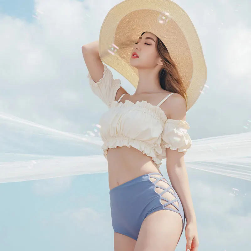 Женский комплект бикини с подкладкой, бикини с открытыми плечами, купальники с высокой талией, купальник Высокого качества, пляжный костюм корейского дизайна
