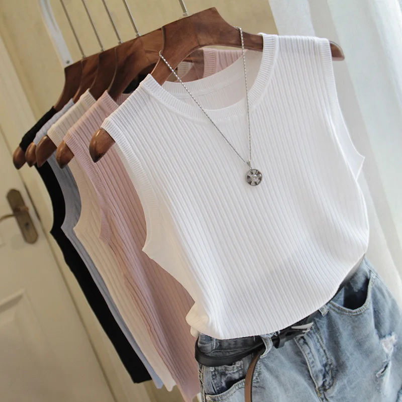 Модная женская блузка 2023, летняя блузка без рукавов, женская вязаная блузка с круглым вырезом, рубашка, женская одежда, женские топы и блузки