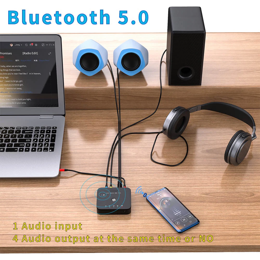 Беспроводной приемник Bluetooth 5,0, Аудиоадаптер с 4 портами 3,5 мм, AUX 4 Входа 1 Выход /1 В 4 Выхода, Переключатель Type-C, Аудиоразветвитель для телевизора, ПК