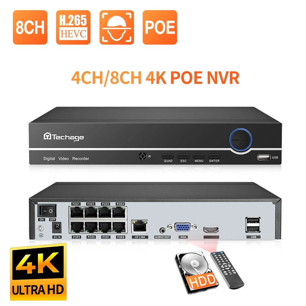 Techage H.265 4K 8CH PoE NVR 2MP 3MP 5MP Сетевой Видеомагнитофон На жестком Диске Домашняя Безопасность Видеонаблюдение DVR Для PoE IP-камеры