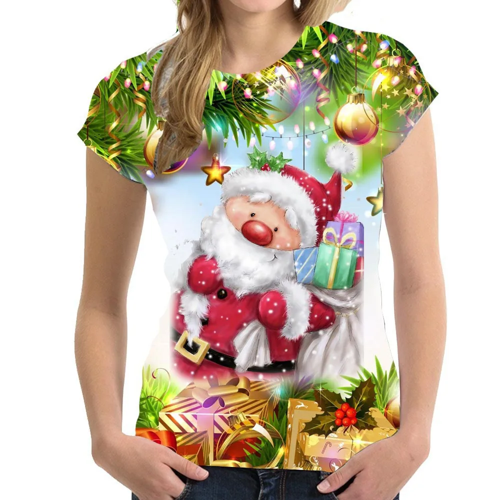 2022 Женская Рождественская футболка с 3D Новогодним Круглым вырезом, Женские Футболки с коротким рукавом, Топы Kawaii, Рождественская футболка, Женская одежда Больших размеров Y2K