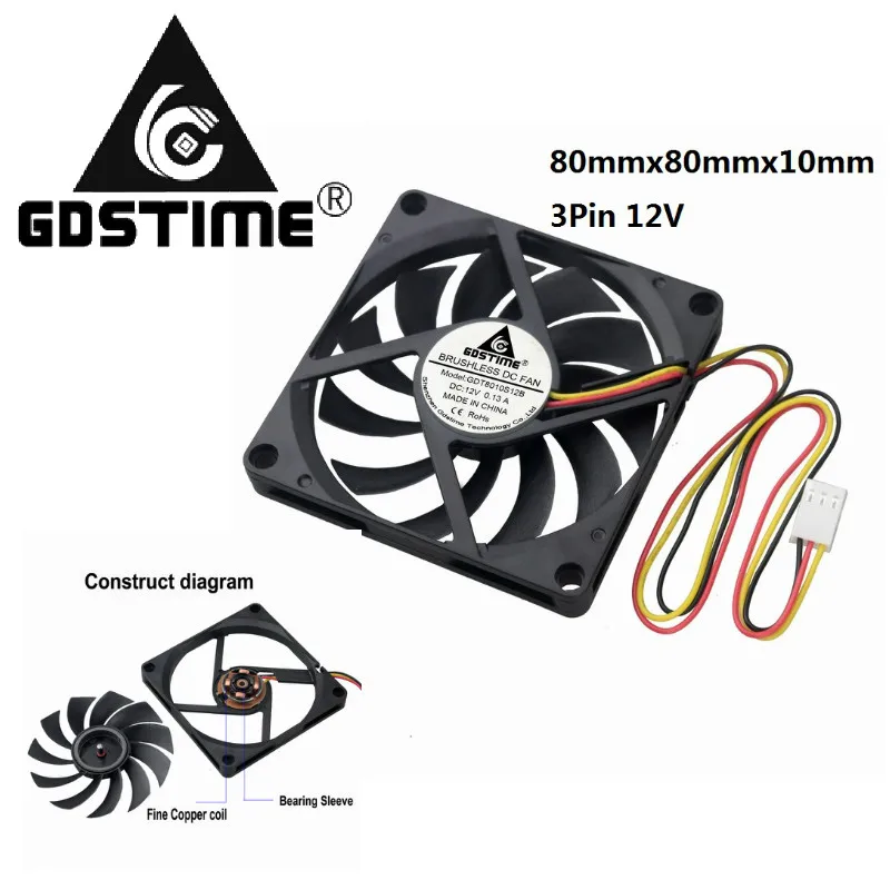 Gdstime 100 Штук 80 мм x 10 мм 12 В 8 см 3Pin Вытяжной Корпус ПК Вентилятор охлаждения постоянного тока оптом Высокого Качества