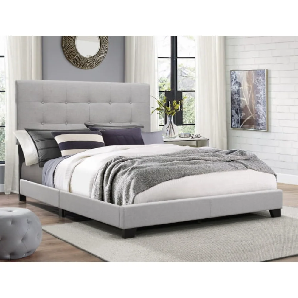 Кровать с мягкой панелью Crown Mark Florence серого цвета для спальни, прочная, серый