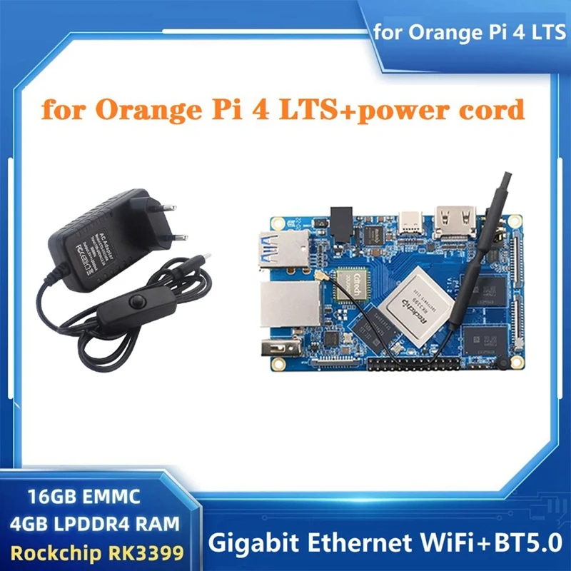 Для Orange Pi 4LTS RK3399 4G RAM + 16G EMMC Flash Wifi + BT5.0 Плата развития + Адаптер питания EU Plug