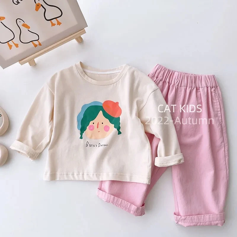 Комплект с футболкой для маленьких девочек, весенне-летний комплект со штанами для девочек, Детская футболка с длинными рукавами, розовые повседневные брюки, Свободный комплект из двух предметов