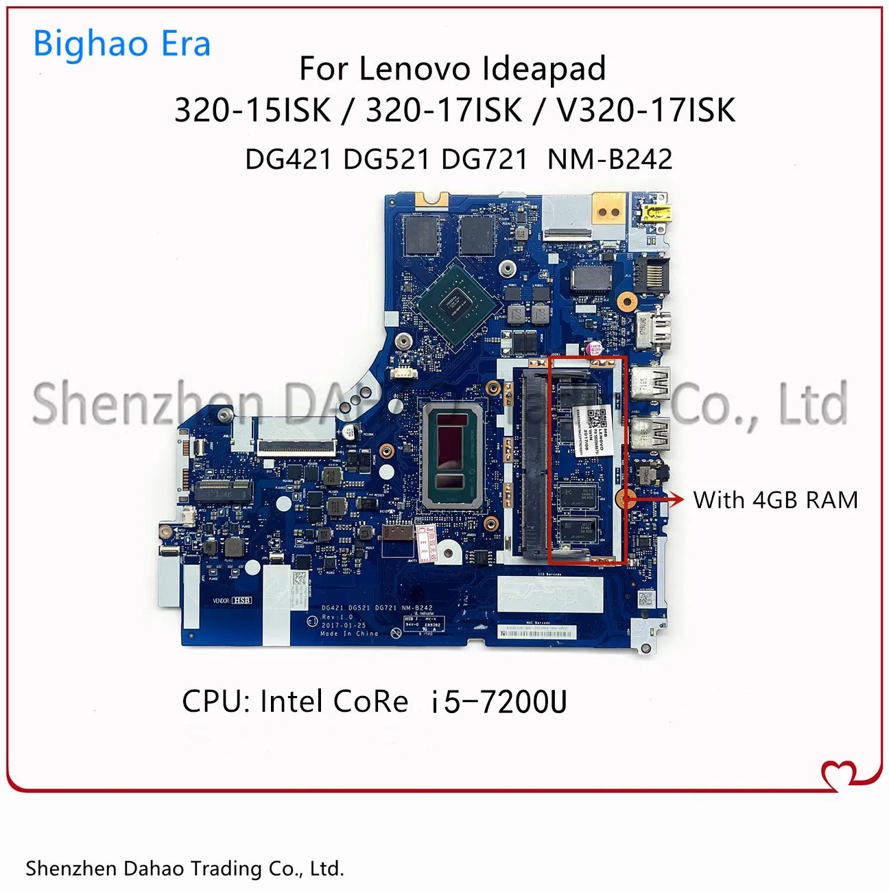 Для ноутбука Lenovo Ideapad 520-15IKB 320-15IKB Материнская плата I5-7200U 4 ГБ оперативной памяти DDR4 100% Полностью протестирована