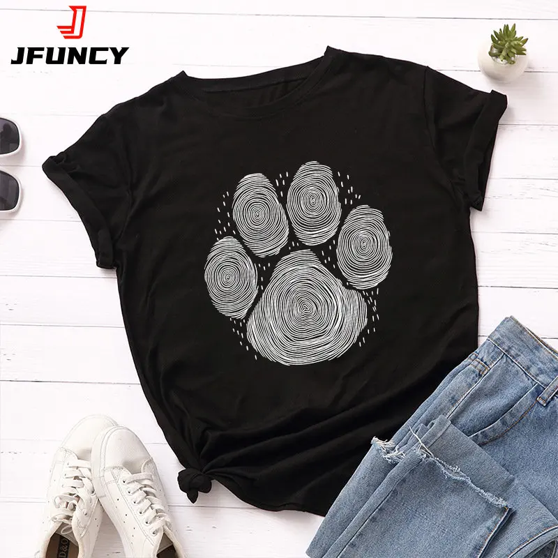 JFUNCY 2023 Летние женские футболки с изображением отпечатков пальцев собаки, Футболки Оверсайз, Женские футболки с коротким рукавом, Женские хлопковые топы