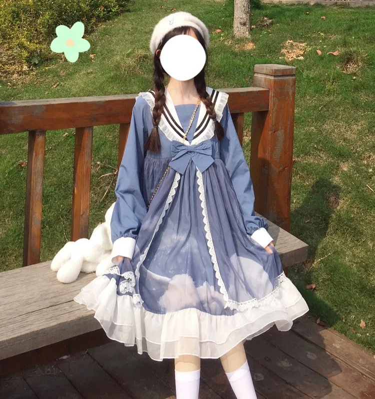 Милое Японское платье в стиле Лолиты, Винтажный темно-синий воротник, Готический Средневековый костюм, Женские платья принцессы для Девочек, Косплей на Хэллоуин, вечеринка
