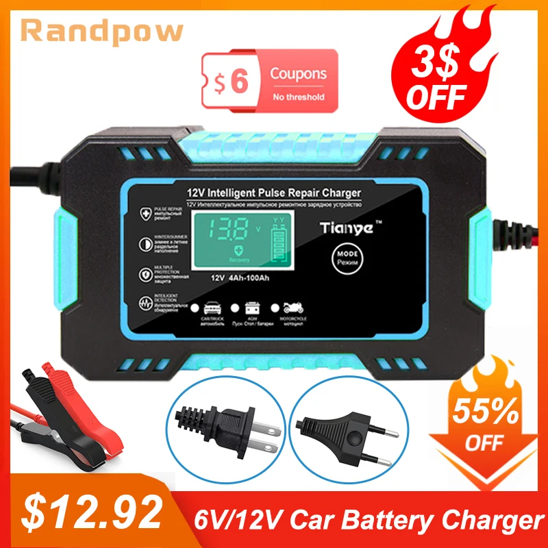 Полноавтоматическое автомобильное зарядное устройство Randpow 6V/12V Booster Display Smart Battery Chargers Power Автомобильные аксессуары для мотоцикла