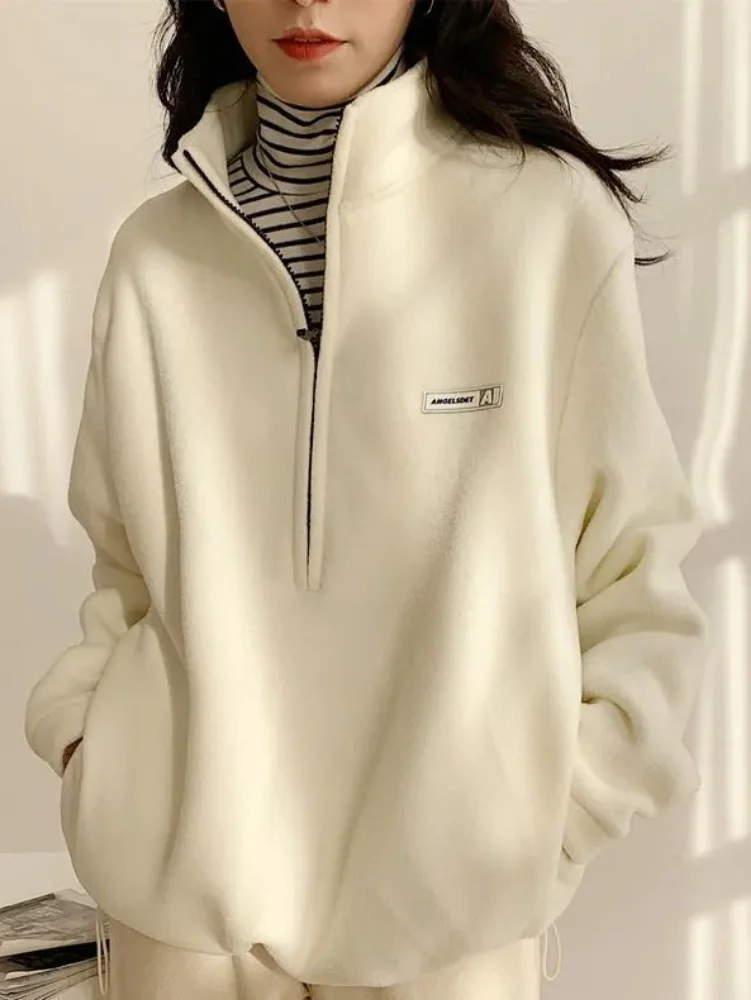 QWEEK Корейские флисовые штампы Женская повседневная мода Kpop Плюс толстовка Velevt топ осень-зима