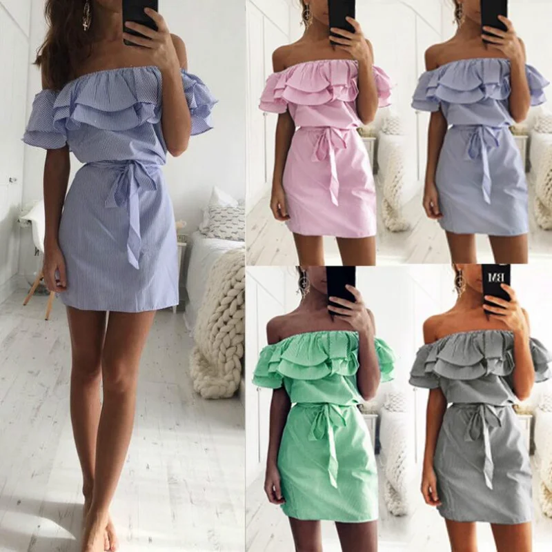 Женское летнее мини-платье 2023, однотонные платья в полоску с открытыми плечами для женщин, Пляжный халат, Сарафан на талии