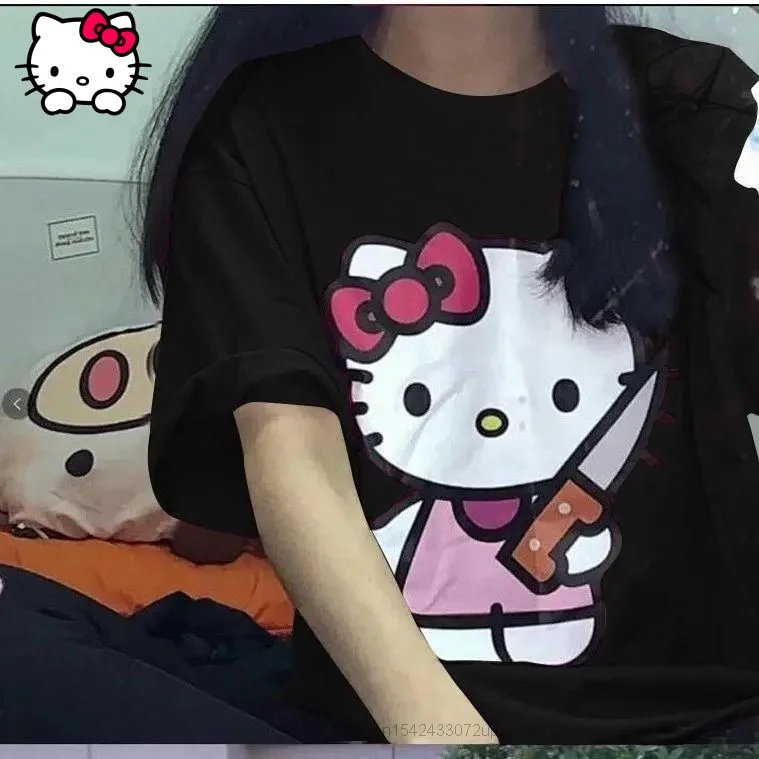 Sanrio Hello Kitty/ Хлопковая Новая Летняя Свободная Футболка с коротким рукавом, Топ с Темным Принтом, Милая Одежда Для Девочек Harajuku Y2k